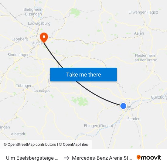 Ulm Eselsbergsteige Bstg B to Mercedes-Benz Arena Stuttgart map