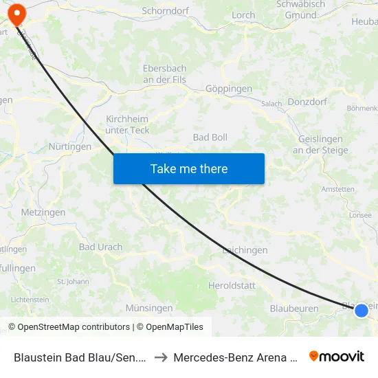 Blaustein Bad Blau/Sen.Zentrum to Mercedes-Benz Arena Stuttgart map
