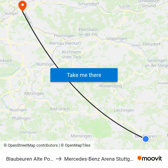 Blaubeuren Alte Post to Mercedes-Benz Arena Stuttgart map