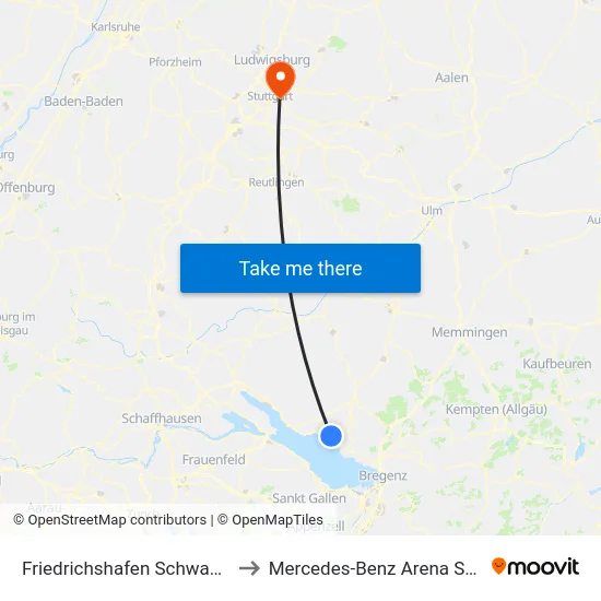 Friedrichshafen Schwabstraße to Mercedes-Benz Arena Stuttgart map