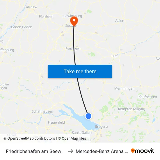 Friedrichshafen am Seewald Bstg 1 to Mercedes-Benz Arena Stuttgart map