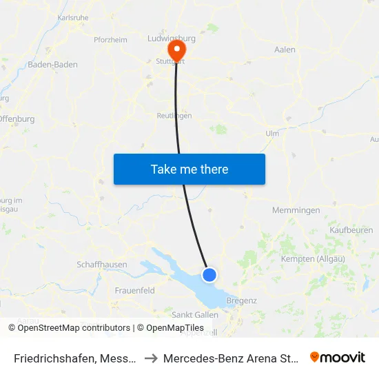 Friedrichshafen, Messe P45 to Mercedes-Benz Arena Stuttgart map
