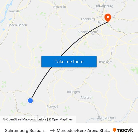 Schramberg Busbahnhof to Mercedes-Benz Arena Stuttgart map