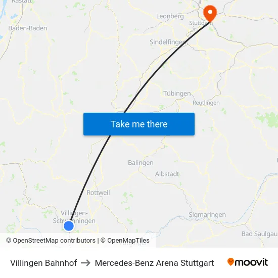 Villingen Bahnhof to Mercedes-Benz Arena Stuttgart map