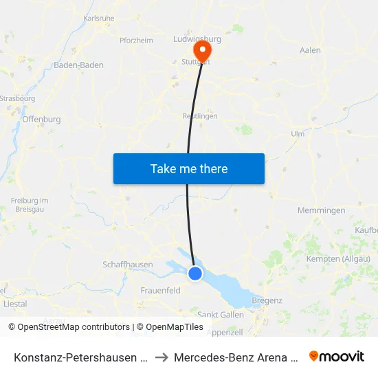 Konstanz-Petershausen Bahnhof to Mercedes-Benz Arena Stuttgart map