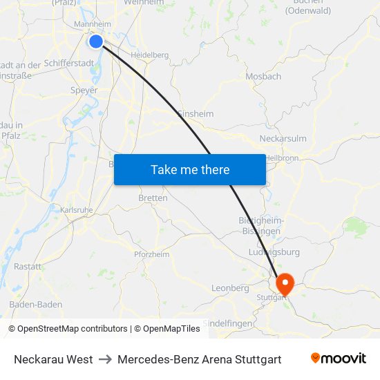 Neckarau West to Mercedes-Benz Arena Stuttgart map