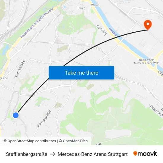 Stafflenbergstraße to Mercedes-Benz Arena Stuttgart map