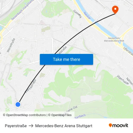 Payerstraße to Mercedes-Benz Arena Stuttgart map