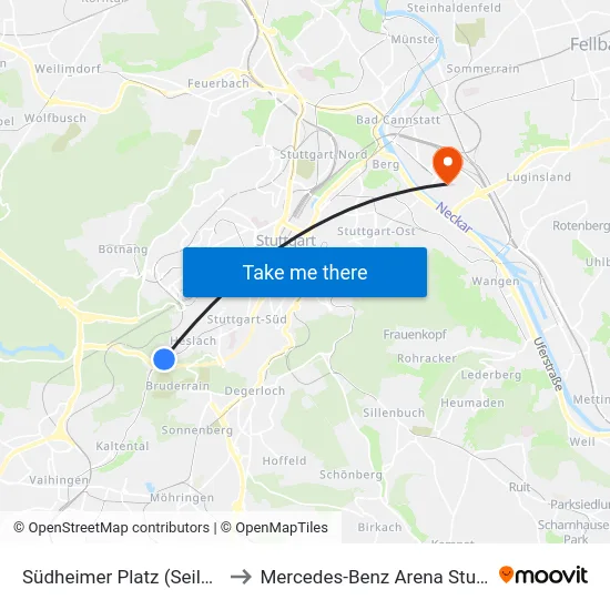 Südheimer Platz (Seilbahn) to Mercedes-Benz Arena Stuttgart map