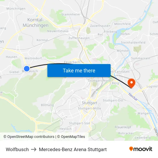 Wolfbusch to Mercedes-Benz Arena Stuttgart map
