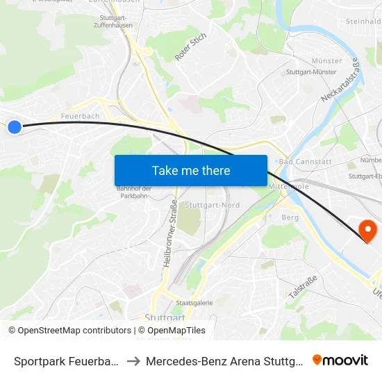 Sportpark Feuerbach to Mercedes-Benz Arena Stuttgart map