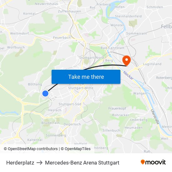 Herderplatz to Mercedes-Benz Arena Stuttgart map