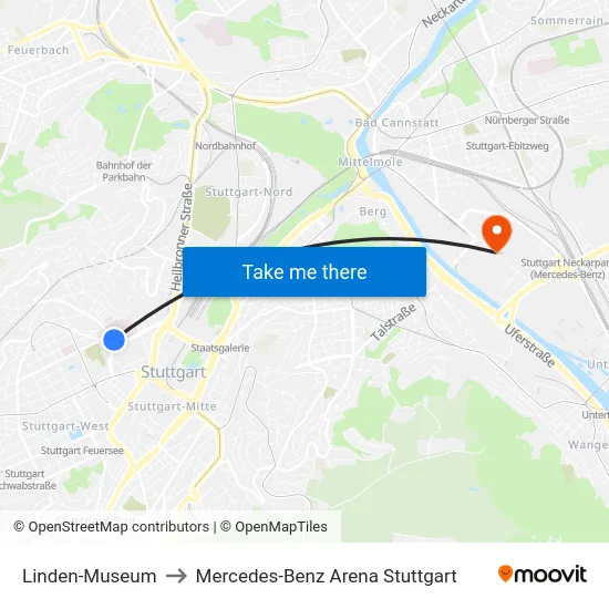 Linden-Museum to Mercedes-Benz Arena Stuttgart map