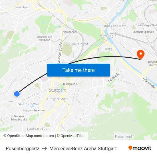 Rosenbergplatz to Mercedes-Benz Arena Stuttgart map
