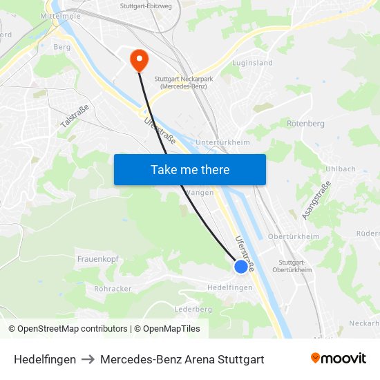 Hedelfingen to Mercedes-Benz Arena Stuttgart map