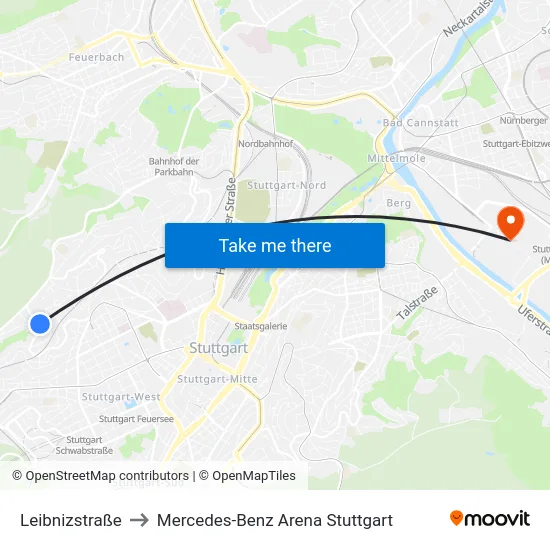 Leibnizstraße to Mercedes-Benz Arena Stuttgart map