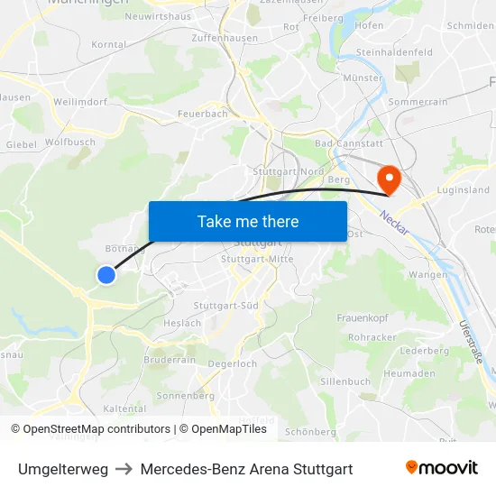 Umgelterweg to Mercedes-Benz Arena Stuttgart map