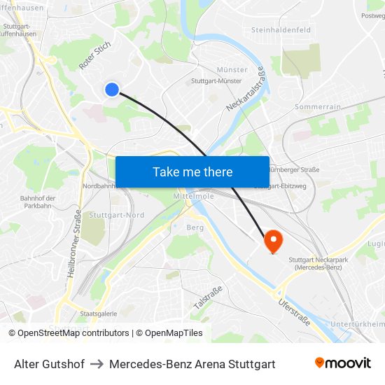 Alter Gutshof to Mercedes-Benz Arena Stuttgart map