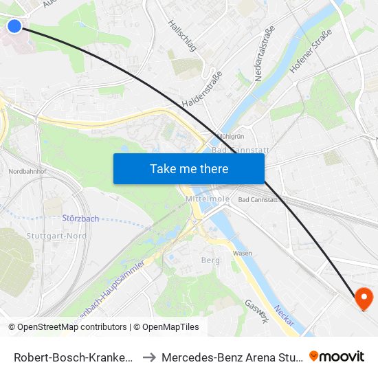 Robert-Bosch-Krankenhaus to Mercedes-Benz Arena Stuttgart map