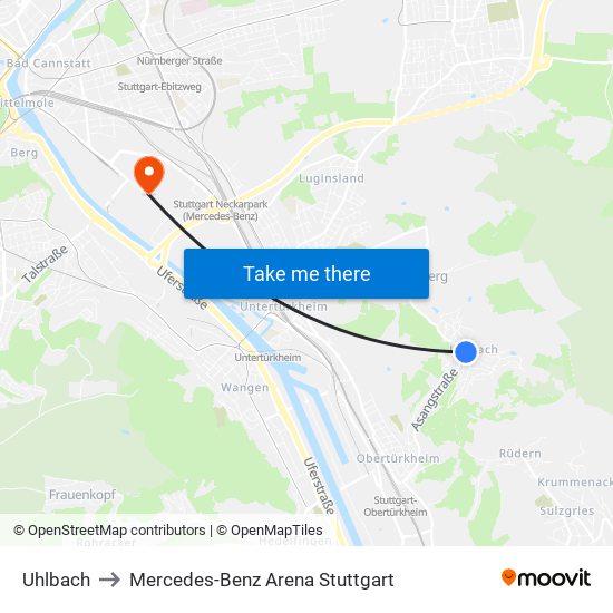 Uhlbach to Mercedes-Benz Arena Stuttgart map