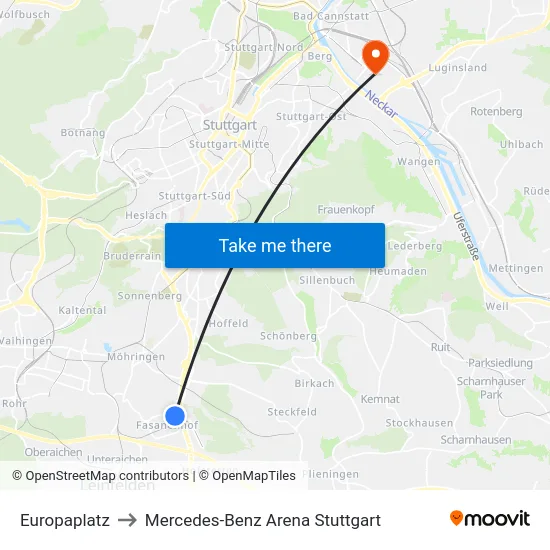 Europaplatz to Mercedes-Benz Arena Stuttgart map