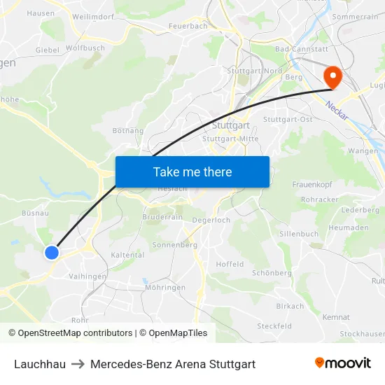 Lauchhau to Mercedes-Benz Arena Stuttgart map