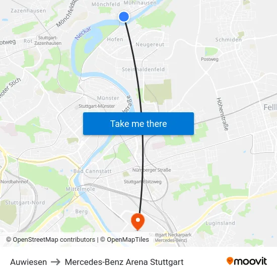 Auwiesen to Mercedes-Benz Arena Stuttgart map