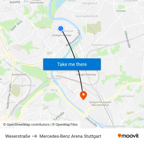Weserstraße to Mercedes-Benz Arena Stuttgart map