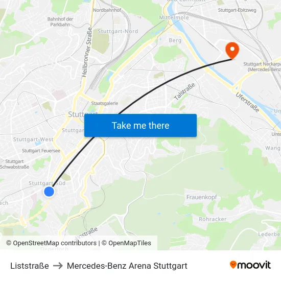 Liststraße to Mercedes-Benz Arena Stuttgart map