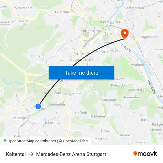 Kaltental to Mercedes-Benz Arena Stuttgart map