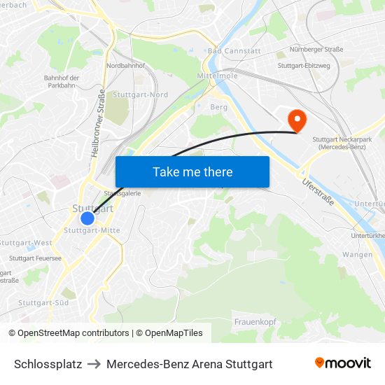 Schlossplatz to Mercedes-Benz Arena Stuttgart map