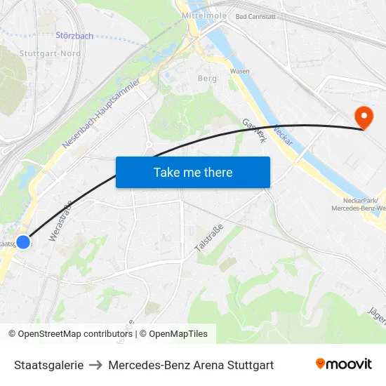 Staatsgalerie to Mercedes-Benz Arena Stuttgart map