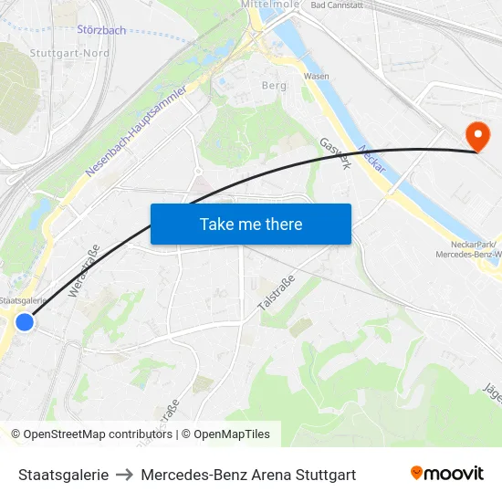 Staatsgalerie to Mercedes-Benz Arena Stuttgart map