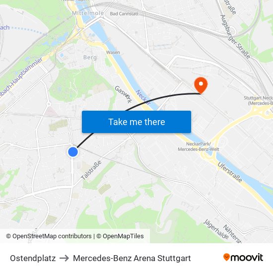 Ostendplatz to Mercedes-Benz Arena Stuttgart map