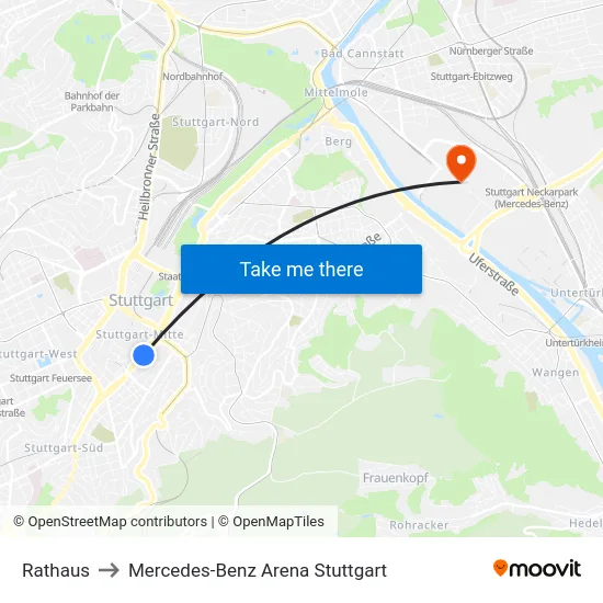 Rathaus to Mercedes-Benz Arena Stuttgart map
