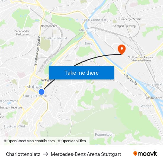 Charlottenplatz to Mercedes-Benz Arena Stuttgart map