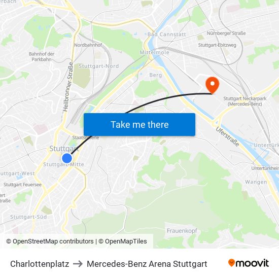 Charlottenplatz to Mercedes-Benz Arena Stuttgart map