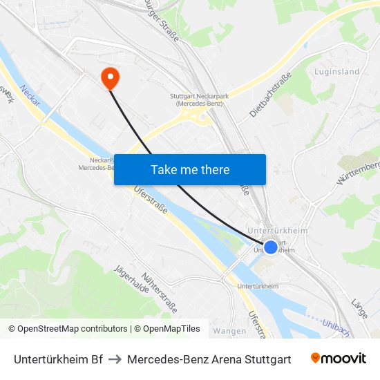 Untertürkheim Bf to Mercedes-Benz Arena Stuttgart map