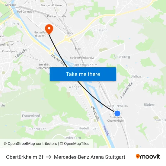 Obertürkheim Bf to Mercedes-Benz Arena Stuttgart map