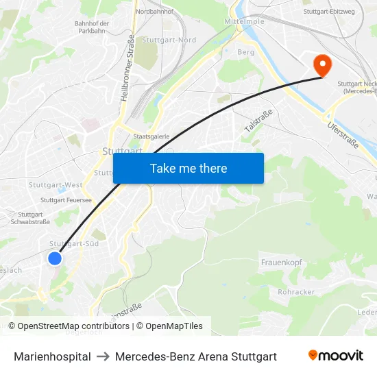 Marienhospital to Mercedes-Benz Arena Stuttgart map