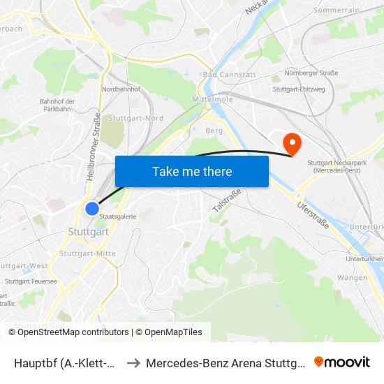 Hauptbf (A.-Klett-Pl.) to Mercedes-Benz Arena Stuttgart map