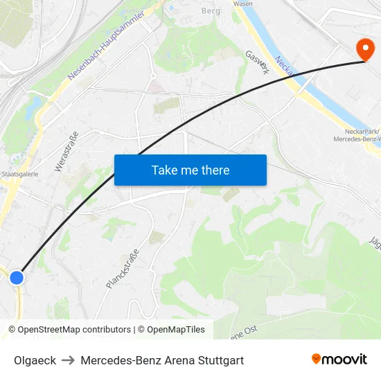Olgaeck to Mercedes-Benz Arena Stuttgart map