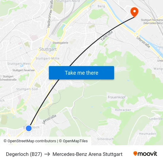 Degerloch (B27) to Mercedes-Benz Arena Stuttgart map