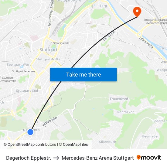 Degerloch Epplestr. to Mercedes-Benz Arena Stuttgart map