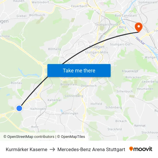 Kurmärker Kaserne to Mercedes-Benz Arena Stuttgart map