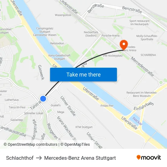Schlachthof to Mercedes-Benz Arena Stuttgart map