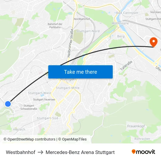 Westbahnhof to Mercedes-Benz Arena Stuttgart map