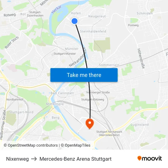 Nixenweg to Mercedes-Benz Arena Stuttgart map