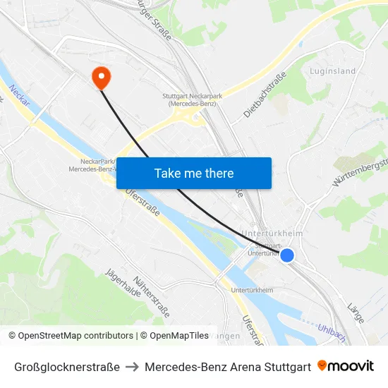 Großglocknerstraße to Mercedes-Benz Arena Stuttgart map