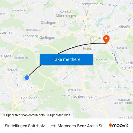 Sindelfingen Spitzholzstraße to Mercedes-Benz Arena Stuttgart map